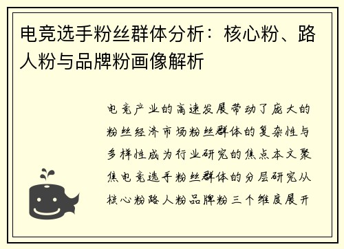 电竞选手粉丝群体分析：核心粉、路人粉与品牌粉画像解析